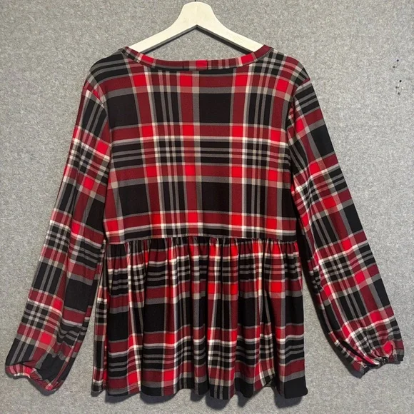 Alison Andrews Babydoll V-Neck Peasant Sleeve Blouse M Red Plaid - Picture 2 of 8